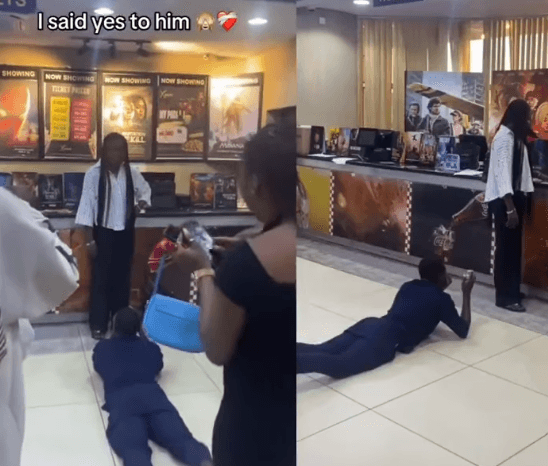 Viral Video Shows "Finished" Nigerian Man Prostrating to Propose at Cinema